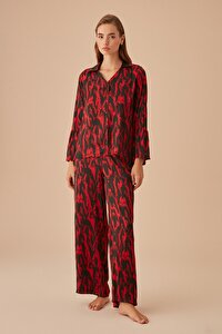 Femme Maskülen Pijama Takımı - BORDO BASKILI