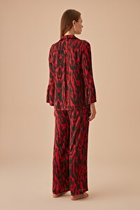 Femme Maskülen Pijama Takımı - BORDO BASKILI