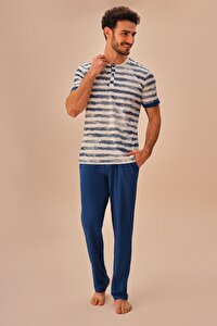 Stew Erkek Pijama Takımı - MAVİ ÇİZGİ BASKILI