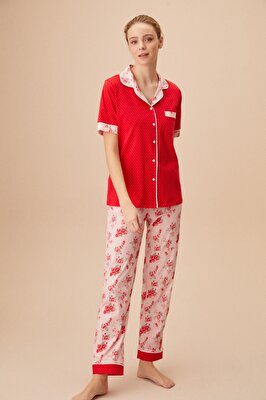 Resim Elegant Flower Maskulen Pijama Takımı - KIRMIZI BASKILI