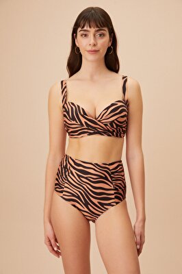 Resim Yanı Pileli Yüksek Bel Desenli Bikini Alt - ZEBRA BASKILI